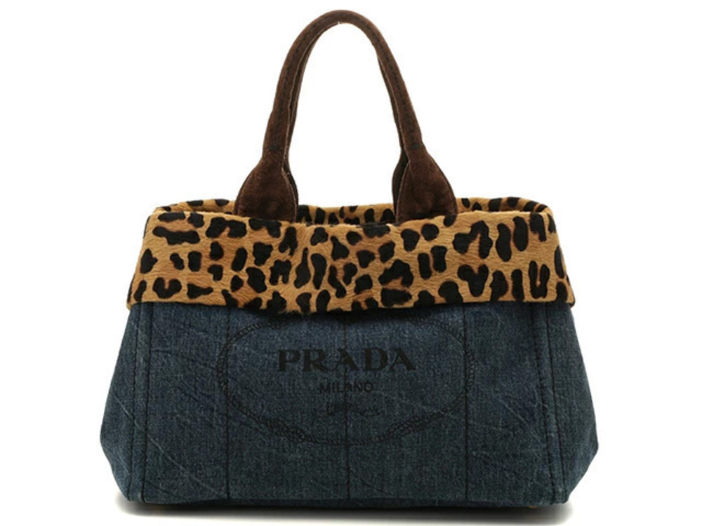 Prada bag tote Canapa blue brown denim calfskin suede